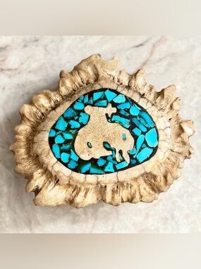 Vtg Elk Antler & Turquoise Belt Buckle, Burr Horn Carved Cowboy Bucking Bronco